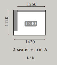Skitse af Cloud Roomy sofa med mål for 2-sæders konfiguration og arm A.