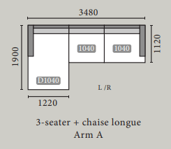 Måler af 3-personers sofa med chaise longue og arm A, tydeligt vist med dimensioner.