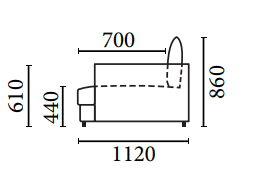 Målskitse af Cloud sofa med dimensioner: 1120 mm bred, 860 mm høj, 610 mm dyb. Designet til komfort og stil.